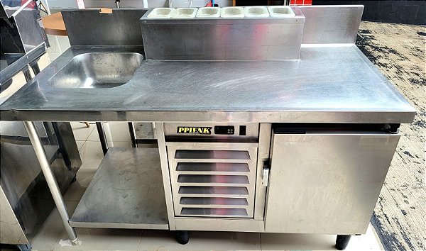 Balcão de Encosto Inox Refrigerado c/ Pia e Codimentadora 1,45m  - Ppienk [Usada]