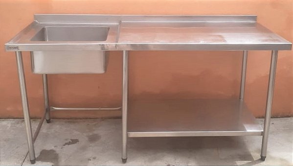 Pia 100% Inox com cuba esquerda c/ prateleira Inferior Lisa - 1,80m - Fritomaq [Usada]