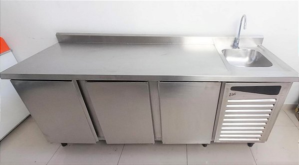 Balcão Refrigerado 3 Portas com Cuba Direita Totalmente Inox 2mt 220V Elvi [Seminovo]