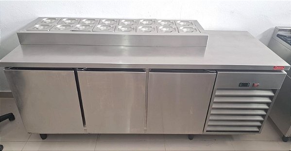 Balcão Refrigerado 3 Portas Inox 304 com Condimentadora para 16 Cubas 220V [Usado]
