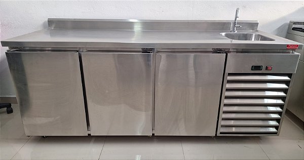 Balcão Refrigerado 3 Portas com Cuba Direita Inox Dentro e Fora 2 mt 220v - Factore [Seminovo]