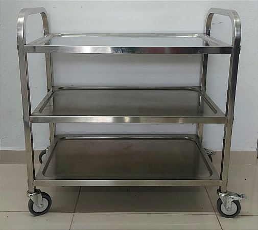 Carrinho Auxiliar Aço Inox Com 3 Prateleiras Com Rodizio E 2 Puxadores - 80cm x 45cm x 78cm [Usado]