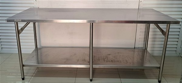 Bancada / Mesa de Inox com prateleira lisa e 6 pés - Reforçada 2m x 70cm - Fritomaq  [Usada]