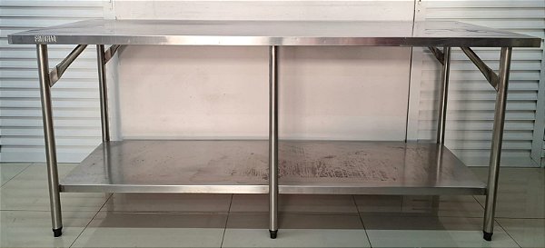 Bancada / Mesa de Inox 2.20m x 80cm com prateleira inferior e 6 pés reforçada [Usada]