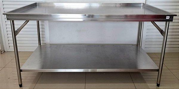 Bancada / Mesa de Inox Reforçada com prateleira lisa inferior e com bordas - Grande área de trabalho 1.80x90cm [Usada]
