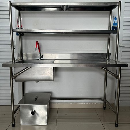 Bancada com Pia Cuba Esquerda c/ Prateleira Superior 2 Planos + Caixa de Gordura Inox 304 - 1.5m x 60cm x 85cm [Seminova]
