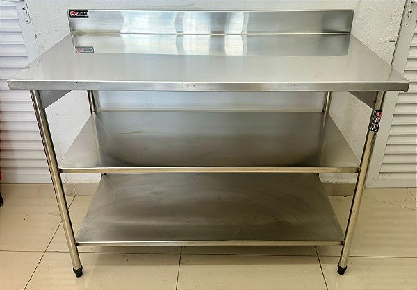 Bancada / Mesa de Aço Inox com 02 Prateleiras Inferiores Lisa - 1.25m x 60cm x 90cm Promaq [Usada]