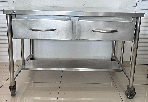 Bancada de Inox com 02 Gavetas e Rodizios 1.20m x 85cm x 70cm - Elvi [Usada]
