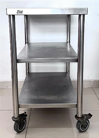 Bancada / Aparador de Inox com 02 Prateleiras + Rodízios 50x70cm - Elvi [Usada]