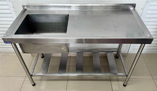 Bancada / Pia com Cuba Lado Esquerdo Totalmente de Inox com Prateleira Inferior Gradeada 1.40x90x60cm - Nortinox [Usada]