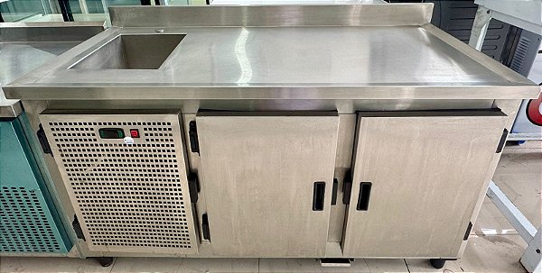 Balcão Refrigerado de Inox Dentro e Fora com cuba lado Esquerdo 1.5m x 70cm x 90cm [Seminovo]