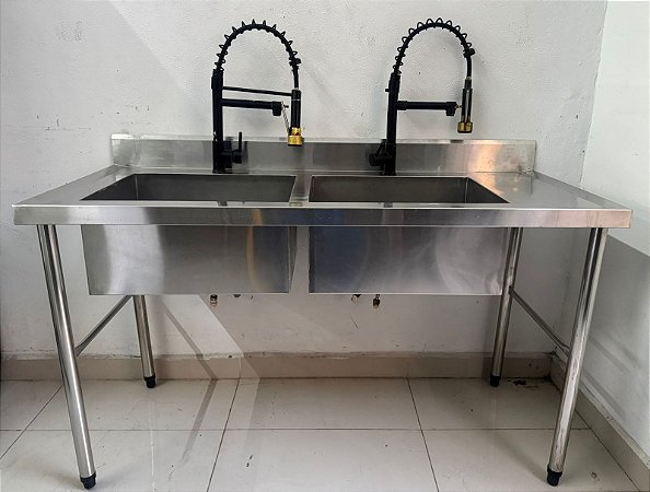 Bancada / Pia de Inox com 2 Cubas 140x60x80cm [Usada] * Torneiras Brinde