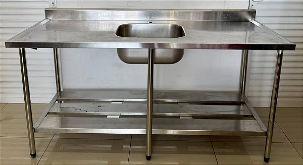 Pia em Aço Inox 304 Cuba Central 180x70cm C/ Prateleira Inferior Gradeada - [Usada]