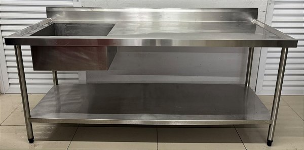 Pia/Bancada de Inox com cuba lado esquerdo 180x60x80cm c/ prateleira inferior lisa [Usado]