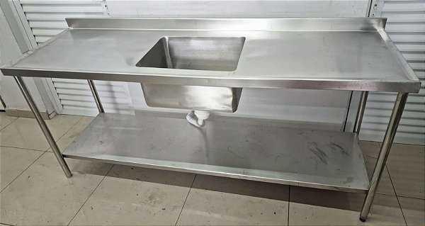 Bancada / Pia de Inox com cuba central c/ Prateleira Inferior Lisa 2,0x0,60x0,90 mt [Usada]
