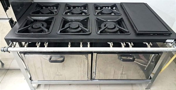 Fogão Industrial 6 Bocas 30X30 3QS 3QD Chapa e 2 Fornos Luxo Baixa Pressão - Metalmaq [Usado] *Acompanha Mangueira