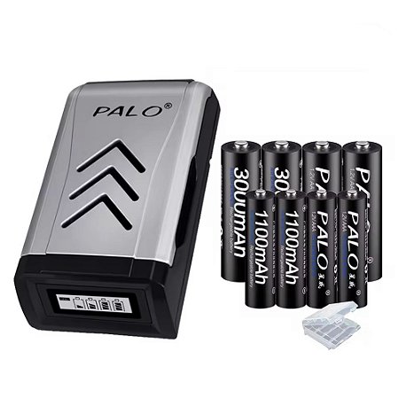 Kit Carregador Palo + 4 Palo AA 3000mAh + 4 AAA 1100mAh