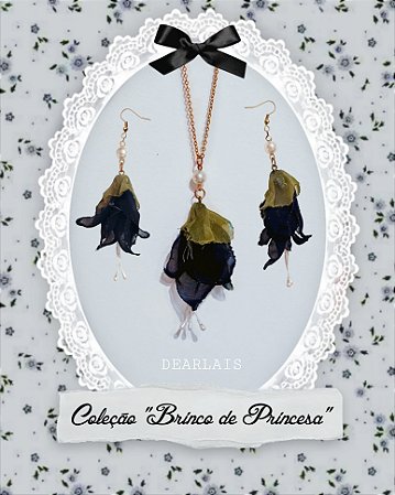 Conjunto Colar + Brinco Preto da flor Brinco-de-Princesa