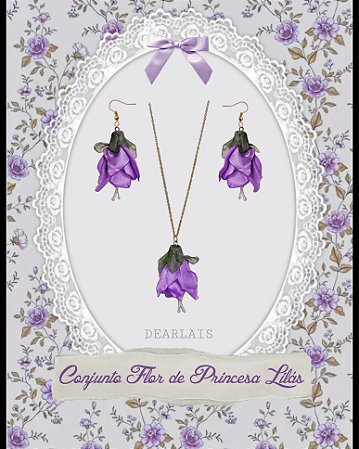 Conjunto Colar + Brinco LILÁS da flor Brinco-de-Princesa