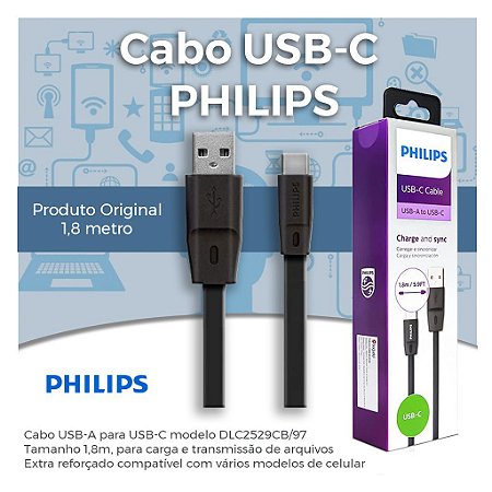 Cabo USB Tipo C - USB-C - Tamanho 1,8m - Original PHILIPS