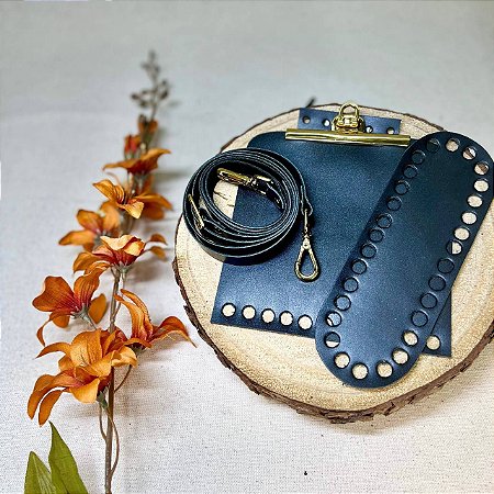 Kit Quadrado Couro 14x14cm Preto & Dourado