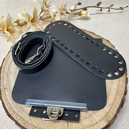 Kit Quadrado Couro 14x14cm Preto & Níquel