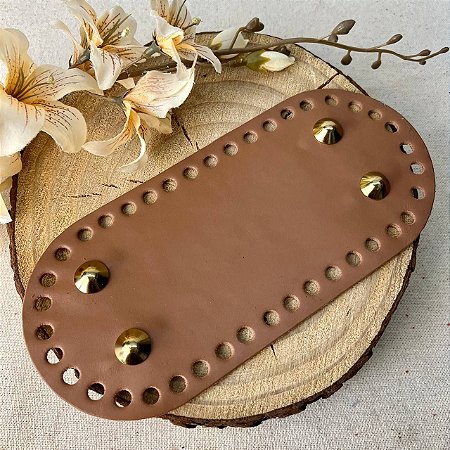 Base Couro Oval 10x22cm -  Caramelo Escuro com Bailarina Dourada