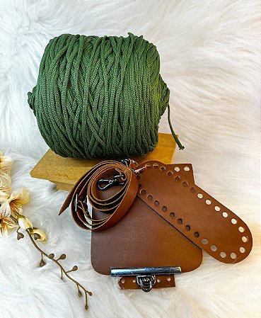 Kit Bolsa Lucy Crochetando Amigas - Verde Sálvia & Marrom/Ônix