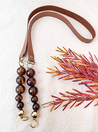 Alça Ombro Couro+Queen Bee 2x106cm - Caramelo Escuro, Bronze  & Dourado
