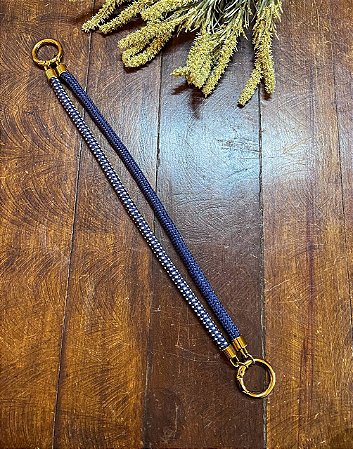 Alça Mão Corda Slim 35cm Azul Marinho Poá/Dourado
