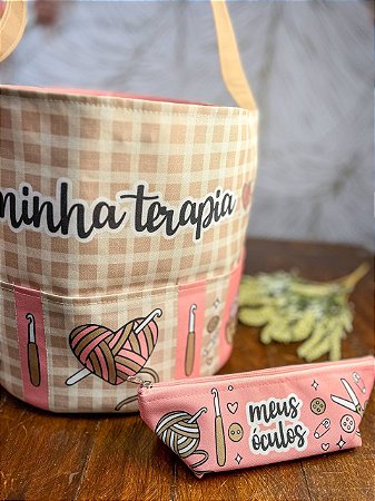 Conjunto Bolsa Porta Fios e Porta Agulhas - Minha Terapia Marrom e Rosa
