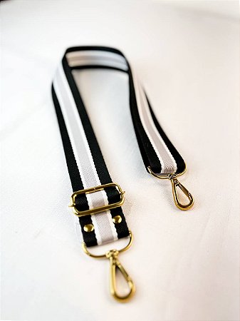 Alça Poliester Listrada-Preto/Branco/Cinza & Dourado