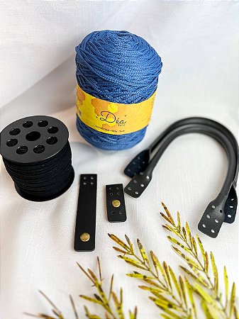 Kit Bolsa Donatella-Néctar 3mm-Azul Denin/Preto (Crochetando Amigas)