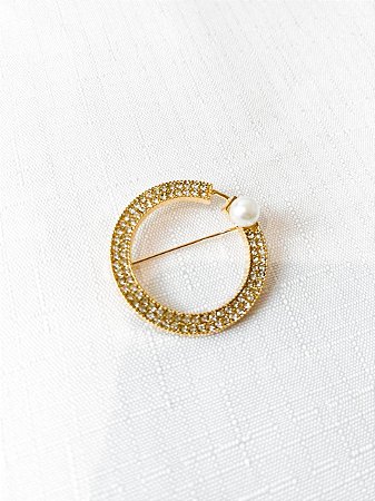 Broche Perola c/Strass 4cm DOURADO