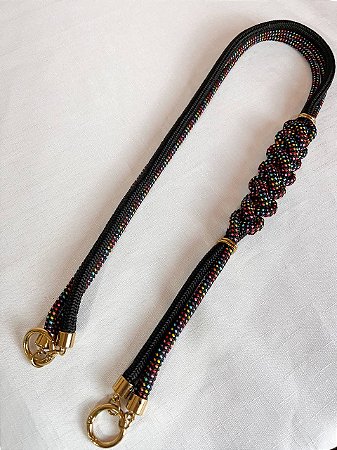 Alça de Ombro Corda Pochete - 95cm - Preto/Fantasia C/Dourado