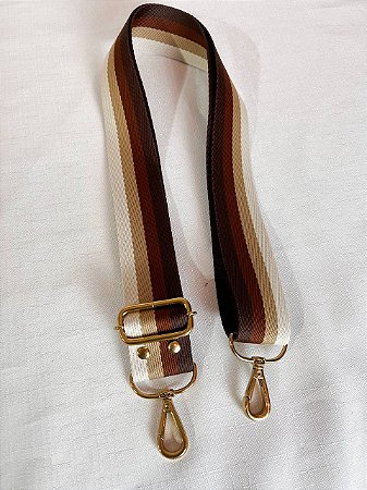 Alça Poliester Listrada-Marrom/ChocolateqOcre/Bege & Dourado