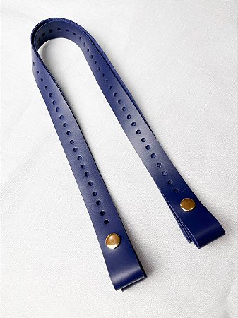 Alça de Couro Pressão com Furos 2,5x65cm-Azul Marinho/Dourado
