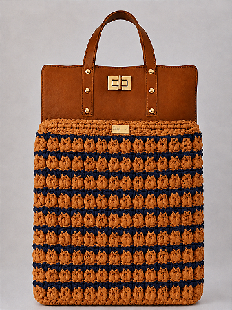 Kit Bolsa Boss - Fio Malha Pólen  Azul Marinho e Ocre-Couro Caramelo Escuro/Dourado (Déa Fios-Aula Inclusa)
