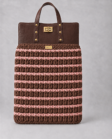Kit Bolsa Boss - Fio Malha Pólen  Rose e Chocolate-Couro Marrom/Dourado(Déa Fios-Aula Inclusa)