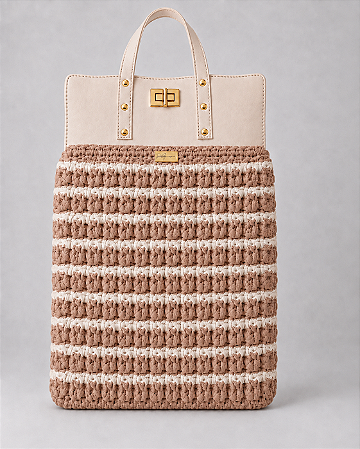 Kit Bolsa Boss - Fio Malha Pólen  Areia e Mocha -Couro Bege/Dourado(Déa Fios-Aula Inclusa)