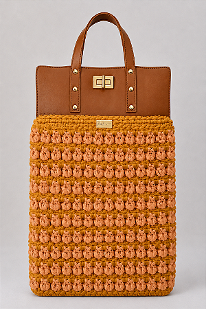 Kit Bolsa Boss - Fio Malha Pólen  Ocre e Mostarda-Couro Caramelo Escuro/Dourado(Déa Fios-Aula Inclusa)
