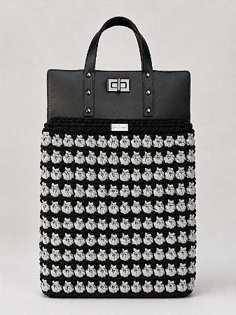 Kit Bolsa Boss - Fio Malha Pólen Preto e Cinza-Couro Preto/Ônix (Déa Fios-Aula Inclusa)