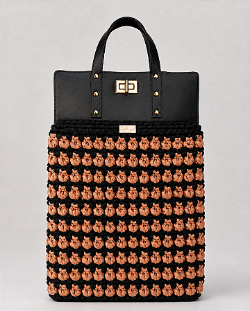 Kit Bolsa Boss - Fio Malha Pólen  Ocre e Preto-Couro Preto/Dourado(Déa Fios-Aula Inclusa)