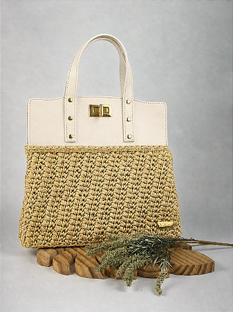 Kit Bolsa Famme - Fio Néctar 5mm Capim Claro-Couro Bege /Dourado (Déa Fios-Aula Inclusa)