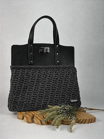 Kit Bolsa Famme - Fio Néctar 5mm Cinza Escuro-Couro Preto/Ônix (Déa Fios-Aula Inclusa)