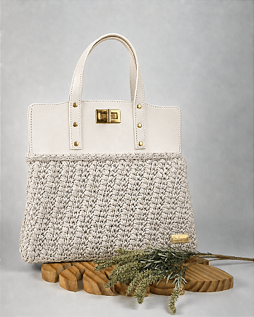 Kit Bolsa Famme - Fio Néctar 5mm Café com leite-Couro Bege/Dourado (Déa Fios-Aula Inclusa)