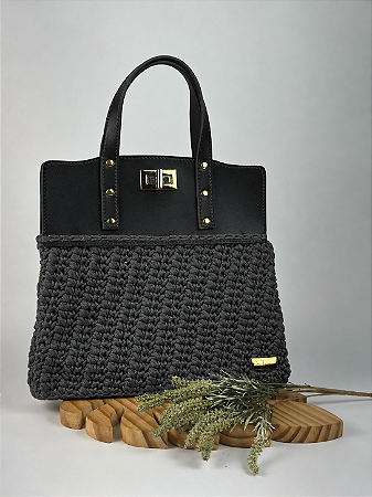 Kit Bolsa Famme - Fio Néctar 5mm Cinza Escuro-Couro Preto/Dourado (Déa Fios-Aula Inclusa)