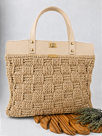 Kit Bolsa Work - Fio Néctar Nautico 4mm Juta-Couro Bege/Dourado (Déa Fios-Aula Inclusa)