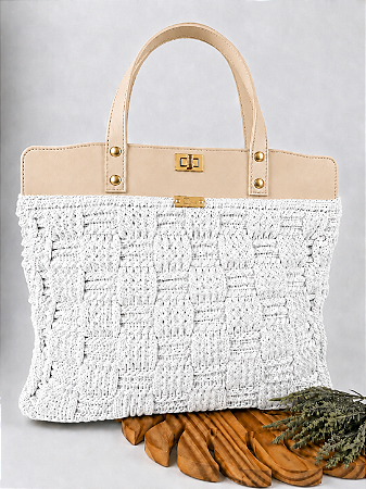 Kit Bolsa Work - Fio Néctar Nautico 4mm Branco Natural-Bege/Dourado (Déa Fios-Aula Inclusa)