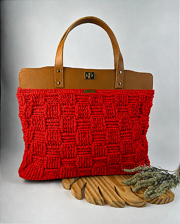 Kit Bolsa Work - Fio Néctar Nautico 4mm Vermelho-Couro Caramelo Escuro/Dourado (Déa Fios-Aula Inclusa)